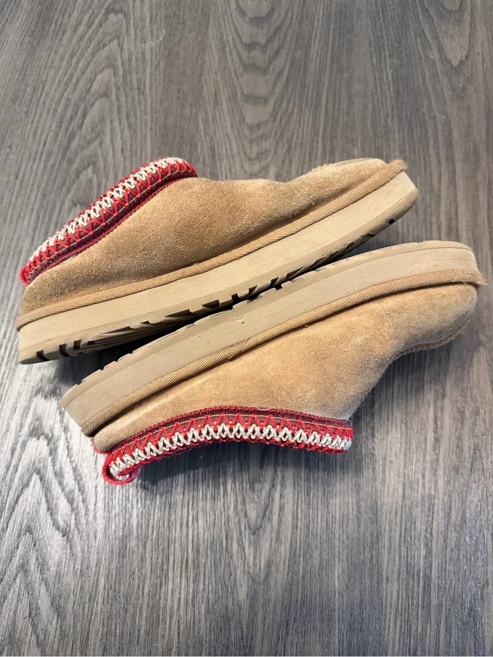 UGG Chestnut Suede Slip-On Shearling Slippers with Red Trim